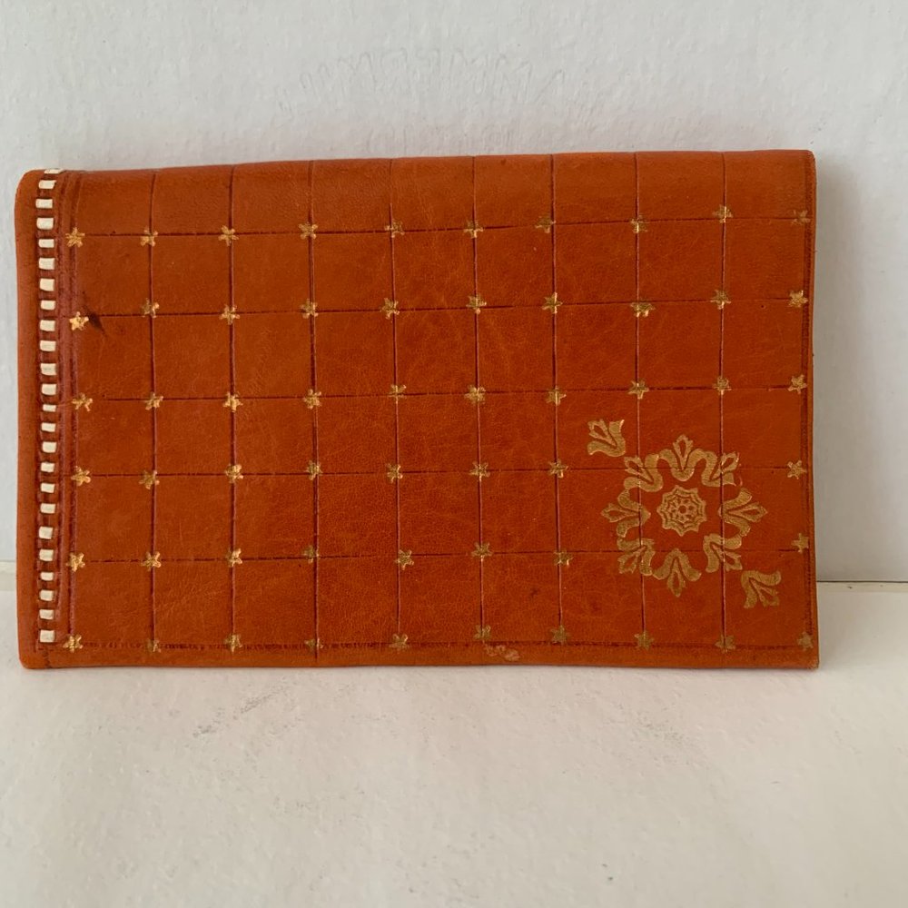 Vintage Florentine 22K Gold Accented Leather BIFOLD Wallet - Orange Hand Tooled